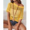 Zeagoo Short Sleeve Crochet Sweater Lightweight Summer Tops Loose Hollow Out Crewneck Pullover(Yellow)
