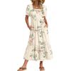 Zeagoo Summer Dresses for Women Flowy Casual Midi Dress Short Sleeve Tiered Dress Beach Vacation Sundresses with Pockets(White-leaf)