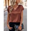 Zeagoo Women Silk Satin Tops Cap Short Sleeve Blouse Summer V Neck Shirts Business Casual Outfits(Brown)