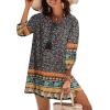Zeagoo Womens Boho Dresses Casual Beach Summer Dress Tassel Tie Neck 3/4 Long Sleeve Mini Sundress 2025 Floral Print Cover Up(Black)