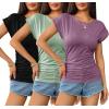 Zeagoo Women’s Cap Short Sleeve T-Shirts Ruched Crew Neck Trendy Fashion Tunic Blouse(3pcs Light Green  Grey Purple  Black)