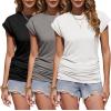 Zeagoo Women’s Cap Short Sleeve T-Shirts Ruched Crew Neck Trendy Fashion Tunic Blouse(3pcs O-black  White  Light Gray)