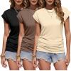 Zeagoo Women’s Cap Short Sleeve T-Shirts Ruched Crew Neck Trendy Fashion Tunic Blouse(3pcs W-brown  Beige  Black)