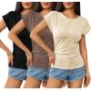 Zeagoo Women’s Cap Short Sleeve T-Shirts Ruched Crew Neck Trendy Fashion Tunic Blouse(3pcs W-brown  Beige  Black)