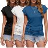 Zeagoo Women’s Cap Short Sleeve T-Shirts Ruched Crew Neck Trendy Fashion Tunic Blouse(3pcs X-black  White  Blue)