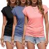 Zeagoo Women’s Cap Short Sleeve T-Shirts Ruched Crew Neck Trendy Fashion Tunic Blouse(3pcs X-tangerine  Navy Blue  Black)