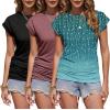 Zeagoo Women’s Cap Short Sleeve T-Shirts Ruched Crew Neck Trendy Fashion Tunic Blouse(3pcs Y-flower Blue  Dark Red  Black)