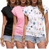Zeagoo Women’s Cap Short Sleeve T-Shirts Ruched Crew Neck Trendy Fashion Tunic Blouse(3pcs Y-flower White  Pink  Black)