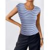 Zeagoo Womens Tank Tops Ribbed Knit Crew Neck Shirts Cap Sleeve Slim Fitted Ruched Basic Tees(F-blue Striped)