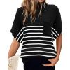 Women 2026 Sweater Vest Mock Neck Batwing Short Sleeve Oversized Ribbed Knit Tops Fall Pullover Sweater S-XXL(Black White Small Stripe)
