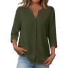 Zeagoo Button Down Shirts for Women 3/4 Sleeve Linen Cotton V Neck Tops Dressy Casual Loose Work Blouses(Army Green)