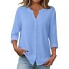 Zeagoo Button Down Shirts for Women 3/4 Sleeve Linen Cotton V Neck Tops Dressy Casual Loose Work Blouses(Blue)