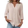 Zeagoo Button Down Shirts for Women 3/4 Sleeve Linen Cotton V Neck Tops Dressy Casual Loose Work Blouses(Khaki)