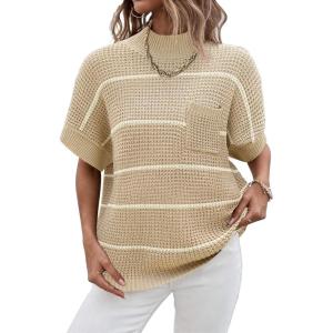 Women 2026 Sweater Vest Mock Neck Batwing Short Sleeve Oversized Ribbed Knit Tops Fall Pullover Sweater S-XXL(Apricot White Stripe)