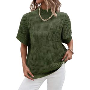 Women 2026 Sweater Vest Mock Neck Batwing Short Sleeve Oversized Ribbed Knit Tops Fall Pullover Sweater S-XXL(Army Green)