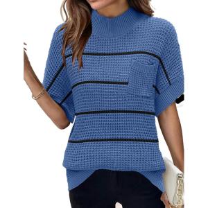Women 2026 Sweater Vest Mock Neck Batwing Short Sleeve Oversized Ribbed Knit Tops Fall Pullover Sweater S-XXL(Black Blue Striped)