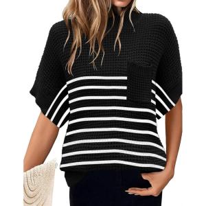 Women 2026 Sweater Vest Mock Neck Batwing Short Sleeve Oversized Ribbed Knit Tops Fall Pullover Sweater S-XXL(Black White Small Stripe)