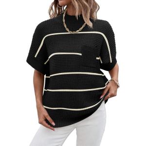 Women 2026 Sweater Vest Mock Neck Batwing Short Sleeve Oversized Ribbed Knit Tops Fall Pullover Sweater S-XXL(Black White Stripe)