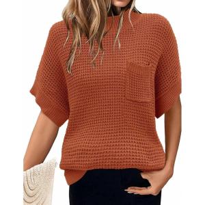 Women 2026 Sweater Vest Mock Neck Batwing Short Sleeve Oversized Ribbed Knit Tops Fall Pullover Sweater S-XXL(Caramel)