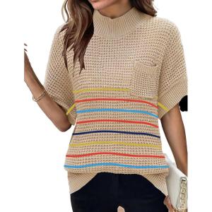 Women 2026 Sweater Vest Mock Neck Batwing Short Sleeve Oversized Ribbed Knit Tops Fall Pullover Sweater S-XXL(Color Striped)