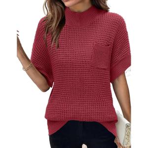 Women 2026 Sweater Vest Mock Neck Batwing Short Sleeve Oversized Ribbed Knit Tops Fall Pullover Sweater S-XXL(Dark Red)