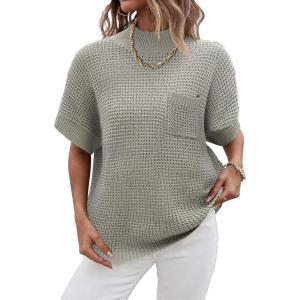 Women 2026 Sweater Vest Mock Neck Batwing Short Sleeve Oversized Ribbed Knit Tops Fall Pullover Sweater S-XXL(Gray)