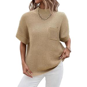 Women 2026 Sweater Vest Mock Neck Batwing Short Sleeve Oversized Ribbed Knit Tops Fall Pullover Sweater S-XXL(Khaki)