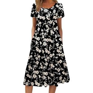ZEAGOO Womens Casual Dresses for Summer Short Sleeve Flare Midi Dress Loose Flowy Beach Sundress(2602 Black Flower)