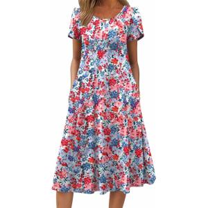 ZEAGOO Womens Casual Dresses for Summer Short Sleeve Flare Midi Dress Loose Flowy Beach Sundress(2602 Mixed Red Floral)