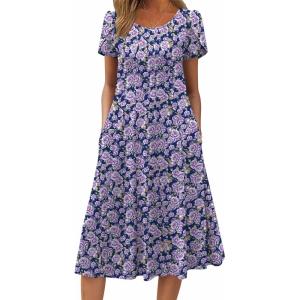 ZEAGOO Womens Casual Dresses for Summer Short Sleeve Flare Midi Dress Loose Flowy Beach Sundress(2602 Purple Flower)