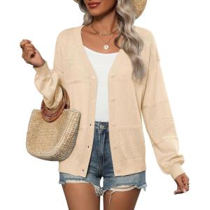 Zeagoo 2025 Womens Cardigan Casual Long Sleeve Lightweight Crochet Shrug V Neck Tops Button Down Soft Knit Sweater(Beige)