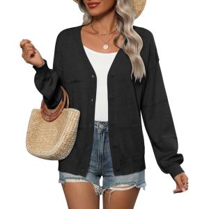 Zeagoo 2025 Womens Cardigan Casual Long Sleeve Lightweight Crochet Shrug V Neck Tops Button Down Soft Knit Sweater(Black)