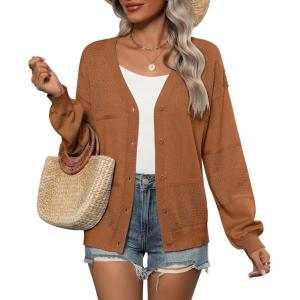 Zeagoo 2025 Womens Cardigan Casual Long Sleeve Lightweight Crochet Shrug V Neck Tops Button Down Soft Knit Sweater(Brown)