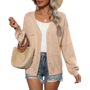 Zeagoo 2025 Womens Cardigan Casual Long Sleeve Lightweight Crochet Shrug V Neck Tops Button Down Soft Knit Sweater(Khaki)