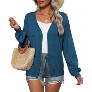 Zeagoo 2025 Womens Cardigan Casual Long Sleeve Lightweight Crochet Shrug V Neck Tops Button Down Soft Knit Sweater(Navy Blue)