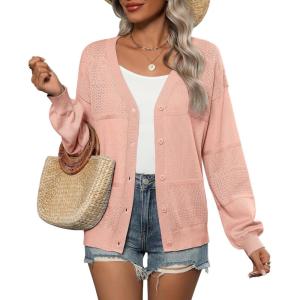 Zeagoo 2025 Womens Cardigan Casual Long Sleeve Lightweight Crochet Shrug V Neck Tops Button Down Soft Knit Sweater(Pink)