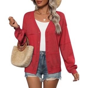 Zeagoo 2025 Womens Cardigan Casual Long Sleeve Lightweight Crochet Shrug V Neck Tops Button Down Soft Knit Sweater(Red)