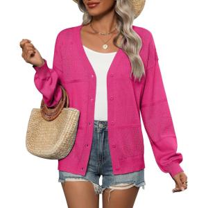 Zeagoo 2025 Womens Cardigan Casual Long Sleeve Lightweight Crochet Shrug V Neck Tops Button Down Soft Knit Sweater(Rose Red)