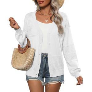 Zeagoo 2025 Womens Cardigan Casual Long Sleeve Lightweight Crochet Shrug V Neck Tops Button Down Soft Knit Sweater(White)