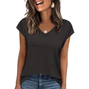 Zeagoo 2025 Women’s Tank Top V Neck Eyelet T Shirts Cap Sleeve Tops Loose Fit Blouses Dressy Casual Summer Basic Shirts(D-black 2)