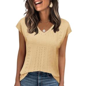 Zeagoo 2025 Women’s Tank Top V Neck Eyelet T Shirts Cap Sleeve Tops Loose Fit Blouses Dressy Casual Summer Basic Shirts(Yellow 1)