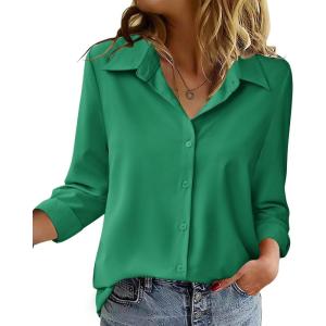 Zeagoo Blouse for Women Dressy Long Sleeve Button Down Shirts Business Casual Outfit Lightweight Solid/Printed Tops(Z Evergreen)