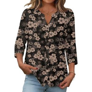Zeagoo Button Down Shirts for Women 3/4 Sleeve Linen Cotton V Neck Tops Dressy Casual Loose Work Blouses(Black Hawaiian-sf209)