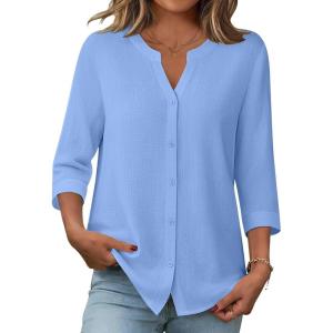 Zeagoo Button Down Shirts for Women 3/4 Sleeve Linen Cotton V Neck Tops Dressy Casual Loose Work Blouses(Blue)