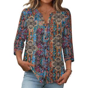 Zeagoo Button Down Shirts for Women 3/4 Sleeve Linen Cotton V Neck Tops Dressy Casual Loose Work Blouses(Boho-mz721)