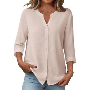 Zeagoo Button Down Shirts for Women 3/4 Sleeve Linen Cotton V Neck Tops Dressy Casual Loose Work Blouses(Khaki)