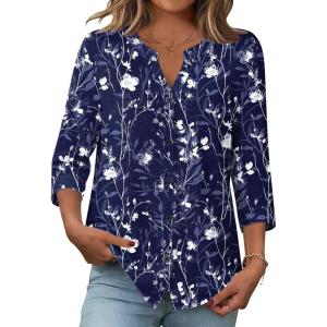 Zeagoo Button Down Shirts for Women 3/4 Sleeve Linen Cotton V Neck Tops Dressy Casual Loose Work Blouses(Nany Flower-sf180)