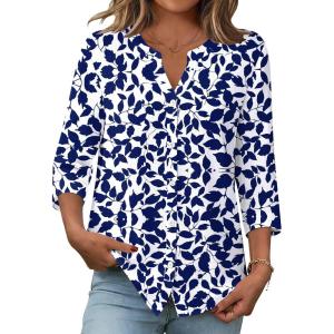 Zeagoo Button Down Shirts for Women 3/4 Sleeve Linen Cotton V Neck Tops Dressy Casual Loose Work Blouses(Nany Leaf-zw522)