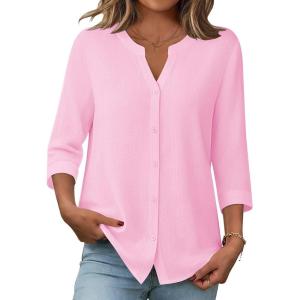 Zeagoo Button Down Shirts for Women 3/4 Sleeve Linen Cotton V Neck Tops Dressy Casual Loose Work Blouses(Pink)