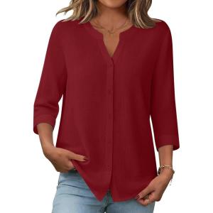 Zeagoo Button Down Shirts for Women 3/4 Sleeve Linen Cotton V Neck Tops Dressy Casual Loose Work Blouses(Red)